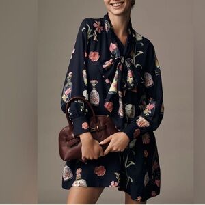 Anthropologie The Caroline Long-Sleeve Tie-Neck Mini Dress by Maeve